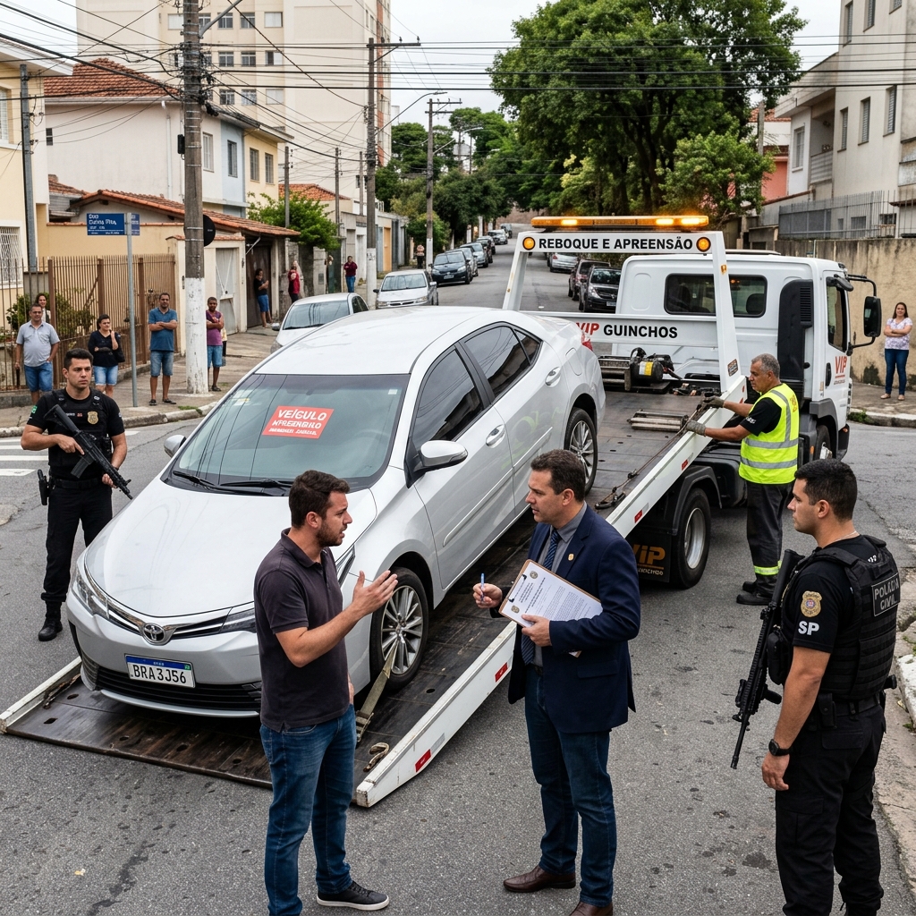 Veículo sendo levado por guincho em processo de apreensão