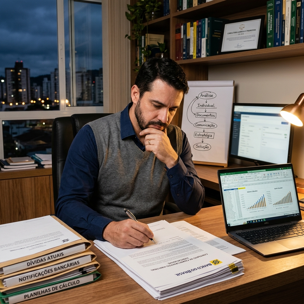 Profissional analisando contrato em ambiente corporativo